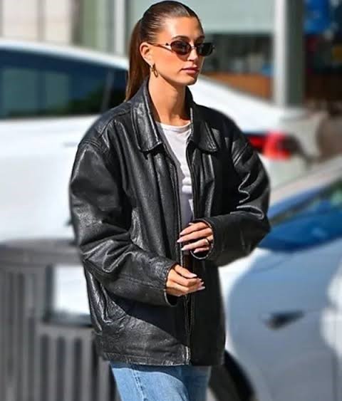 hailey bieber oversized leather jacket